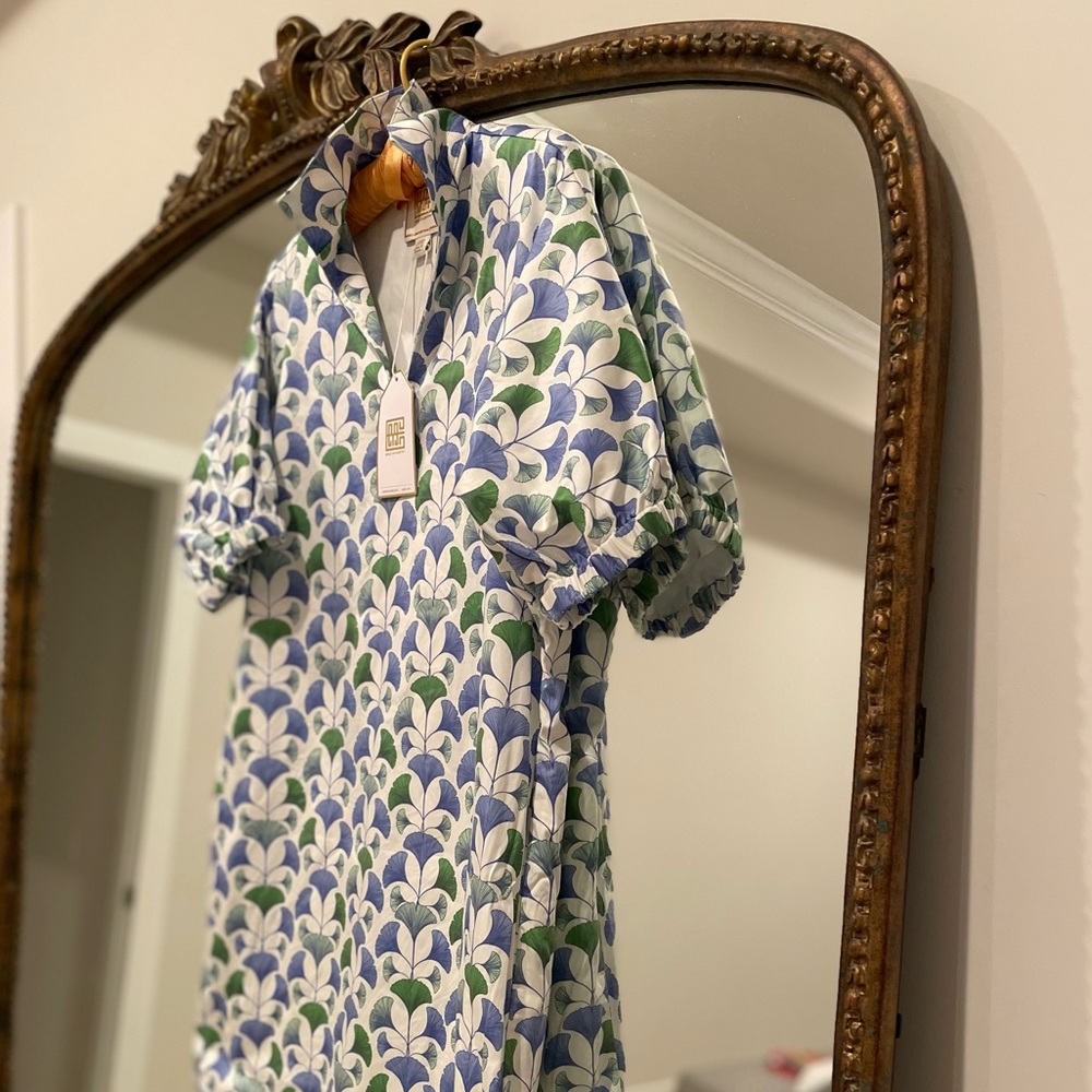 Emily McCarthy Short Sleeve Poppy Dress XXS Maiden Trellis Blue Green  Pockets